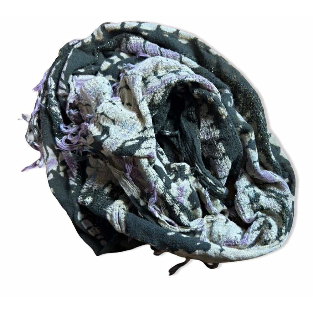 Tie Dye Shibori Gauze Infinity Scarf Women's Olive Green Lavender Fringe Shimmer